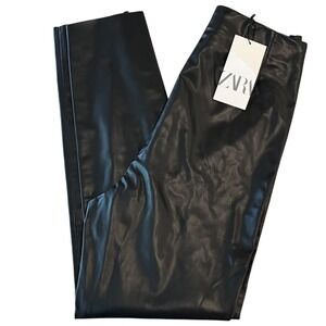 NWT Zara Faux Leather High Rise Leggings Womens L Black Stretch